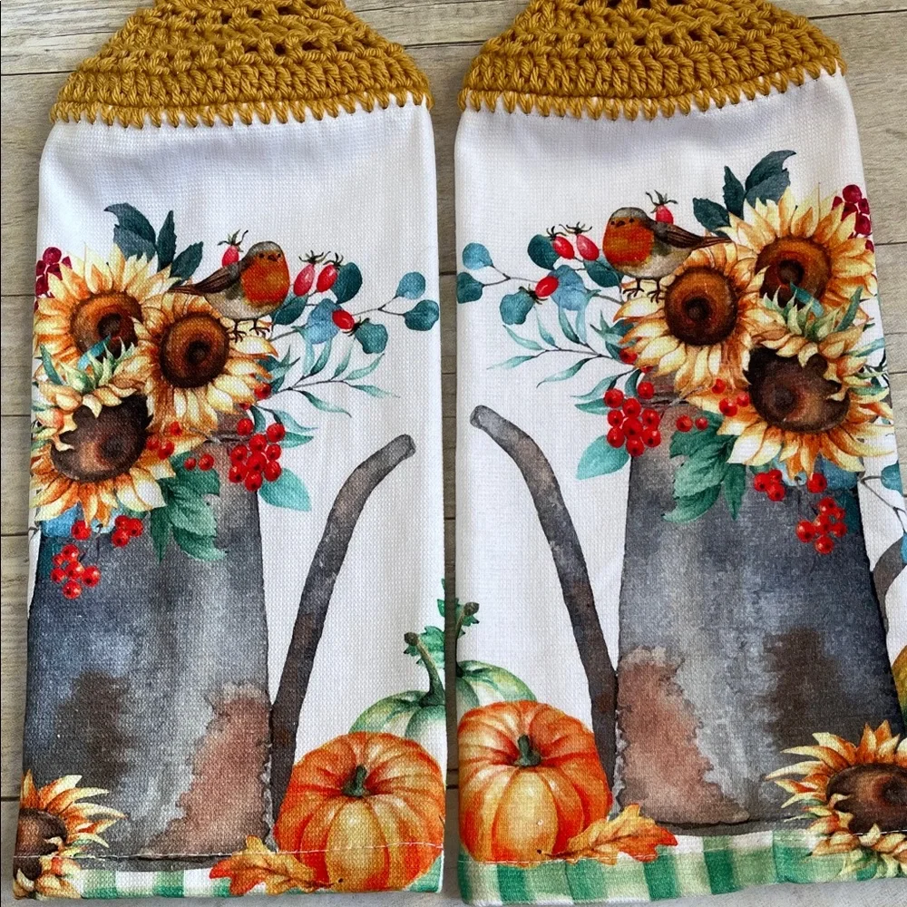 Crochet Top Sunflowers Hanging Towel Set of Two Single Thickness Fall Yellow